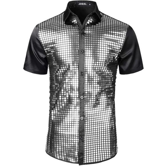 Jogal Other - Men’s Silver Sequins Short Sleeve Button Down Shirt